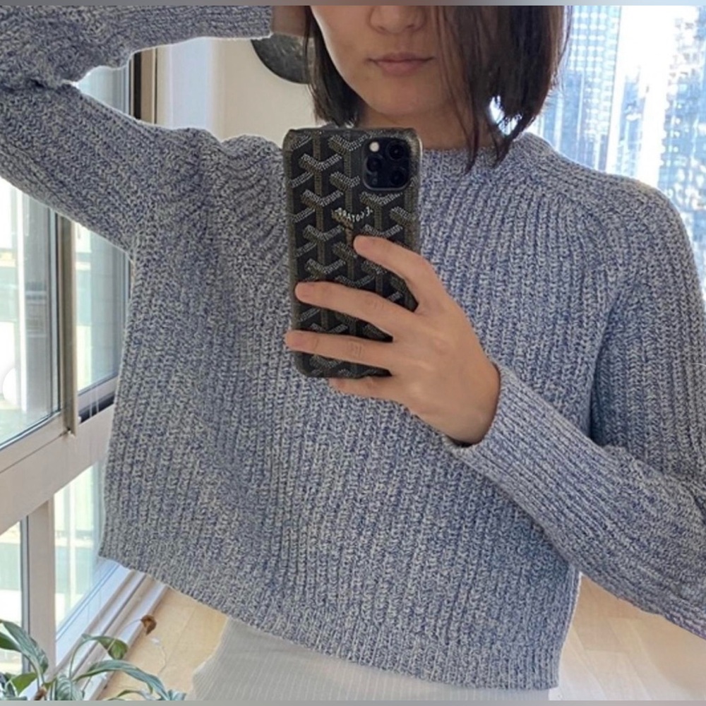 American Apparel Heathered Light Blue Cropped Ribbed Crew Sweater